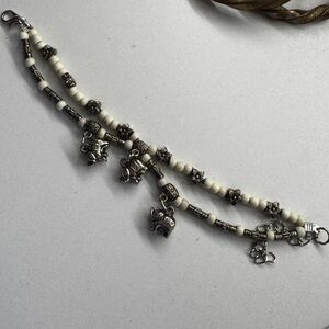Silver and Cream Beaded Elephant Charm Bracelet
